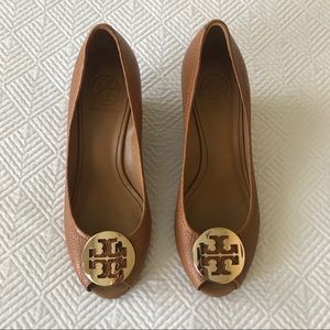 Tory Burch Sally Peep Toe Leather Wedge Royal Tan